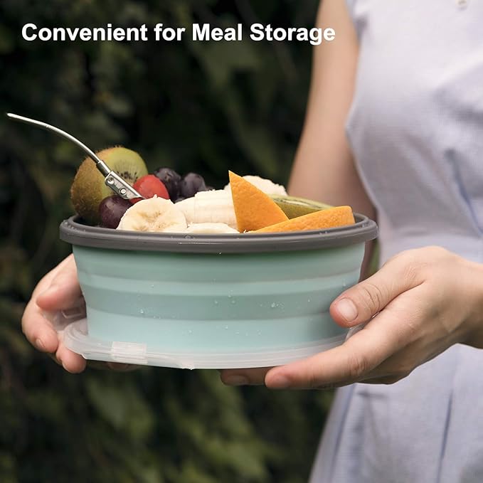 ColorCoral Collapsible Silicone Camping Bowl with Airtight Lid, Large 1200ml/42oz, Foldable Bowl for Travel, RV, Leakproof Food Storage, Microwave & Fridge Safe, Includes Stainless Steel Fork