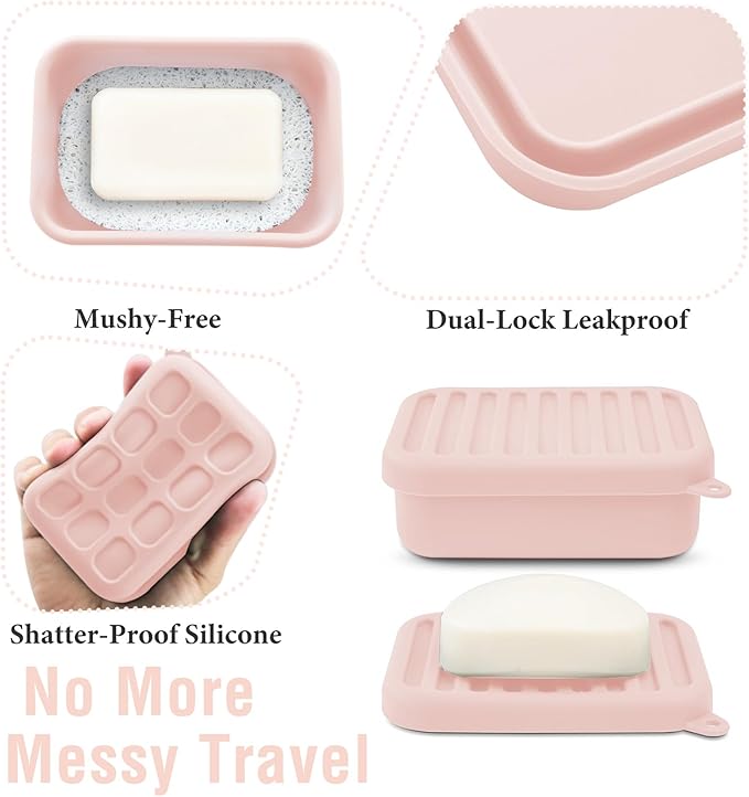 Silicone Travel Soap Case, Leak-Proof Bar Soap Container with Drain Tray, Portable Travel Soap Dish with Lid for Hiking, Gym, Camping, PortableToiletries Accessories (Pink)