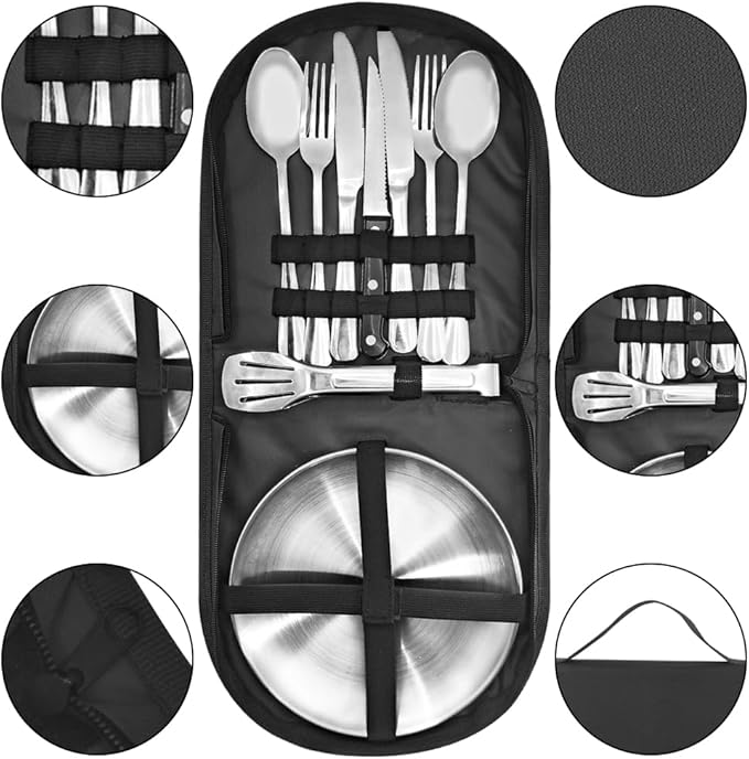 Camping Dishes Set, Camping Plates and Utensils with Camp Organizer Camping Dinnerware