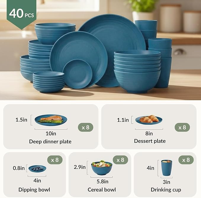 Homienly Wheat Straw Dinnerware Sets for 8, 40 Pcs Unbreakable Plates and Bowls Sets, Microwave Dishwasher Safe Dish Set, Reusable Plastic Dishes for Kitchen, Camping, Deep Plates for Salad (Blue)