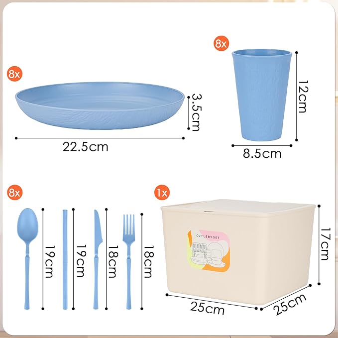 49pcs Dinnerware Sets for 8 People, Unbreakable Plates Sets, Reusable Storage Box, Travel Camping Picnic Home Party Cutlery Set, Dishwasher Microwave Safe Dishes