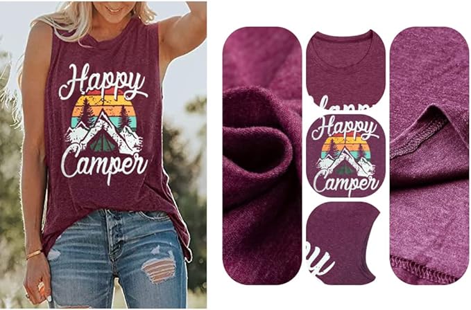 Happy Camp T-Shirt Women Hiking Mountain Adventure Novelty Workout Funny Saying Cute Graphic Athletic Shirt