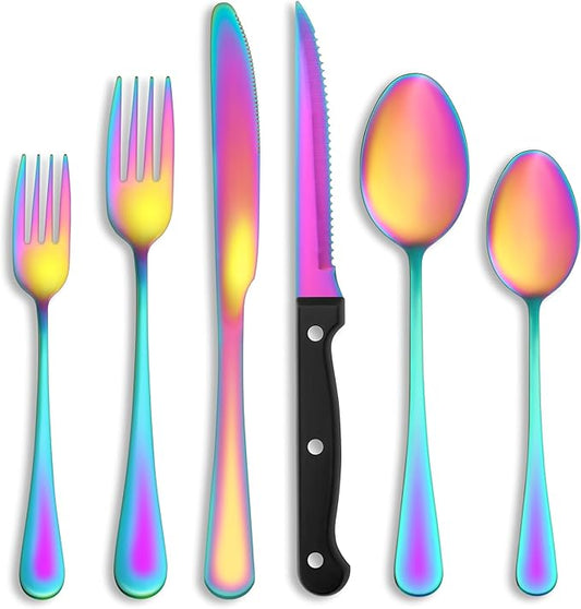 72 Pcs Rainbow Silverware Set with Steak Knives Service for 12,Stainless Steel Flatware Set,Mirror Polished Cutlery Utensil Set, Kitchen Eating Tableware,Include Fork Knife Spoon Set,Dishwasher Safe