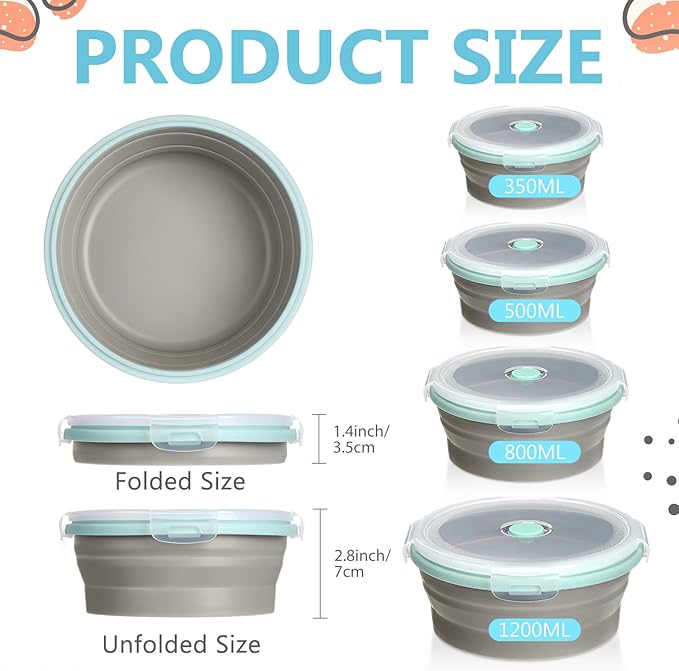 Suclain 4 Pcs Collapsible Bowls with Lids Silicone Camping Food Storage Container Expandable Folding Salad Lunch Box Travel Container for Hiking Camping