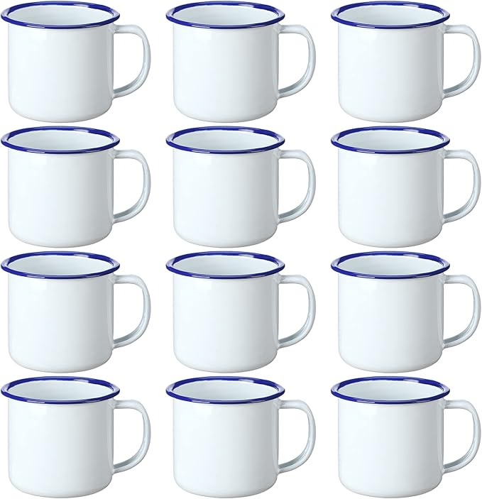 Yinder Mini Enamel Camping Coffee Mugs Metal Small Classic Portable White Campfire Mugs Bulk Vintage Cups with Handle for Coffee Tea Picnic Travel Indoor Outdoor Activities(4 oz, 12 Pcs)