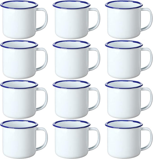Yinder Mini Enamel Camping Coffee Mugs Metal Small Classic Portable White Campfire Mugs Bulk Vintage Cups with Handle for Coffee Tea Picnic Travel Indoor Outdoor Activities(4 oz, 12 Pcs)