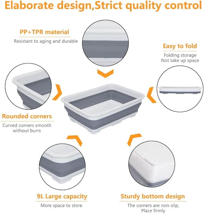 Goderewild Collapsible Dish Pans – 10L (2.6 Gal) Foldable Sink Tub, 14.5'' x 10.5'' x 5", Compact and Space-Saving Multiuse Foldable Basin for Dish Washing, Camping, RV and Vegetable Cleaning