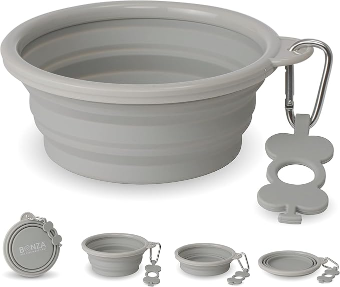 Bonza Collapsible Dog Bowls - 2 Pack, Small 12 oz, Dog Travel Accessories, Silicone Portable Dogs Bowl & Water Dish with Reinforced Rim & Carabiner for Hiking, Camping, and Car Trips, Light Gray