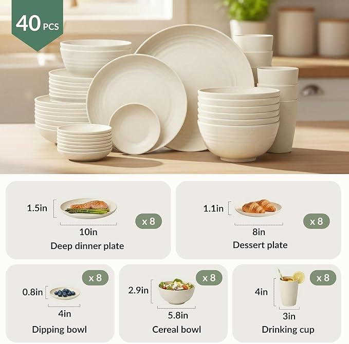 Homienly Wheat Straw Dinnerware Sets 40 PCS Plates and Bowls Sets with Cup Set and Dipping Bowls, Unbreakable Camping Dishes Microwave and Dishwasher Safe Dinnerware Set for Dinner, Outdoor (Beige)