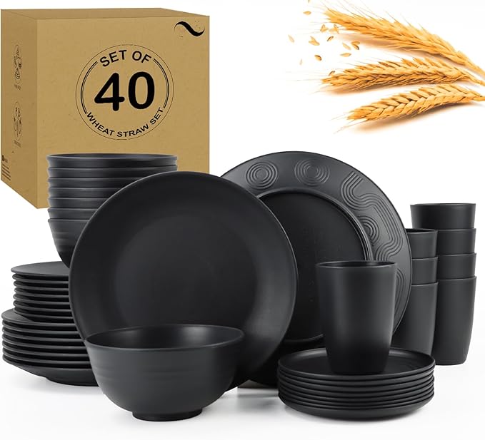 PYRMONT 40 PCS Plates and Bowls Set Wheat Straw Plate Bowl Set Unbreakable Dishes Set for 8 Dishwasher & Microwave Safe Dinner Sets for Kitchen,New House,Dorm-Black