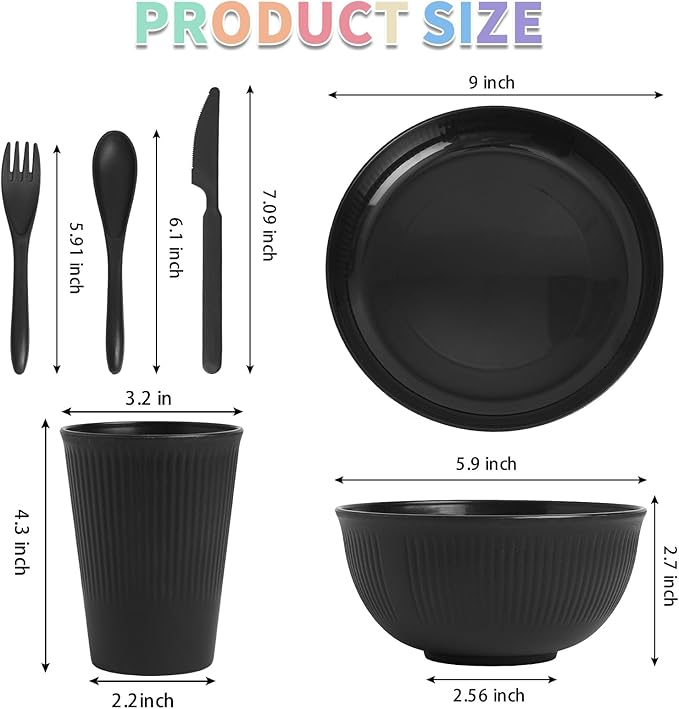 DAPIPIK 36 Pcs Lightweight Black Wheat Straw Dinnerware Set - Unbreakable Dishes for Kitchen & Camping | Microwave Dishwasher Safe