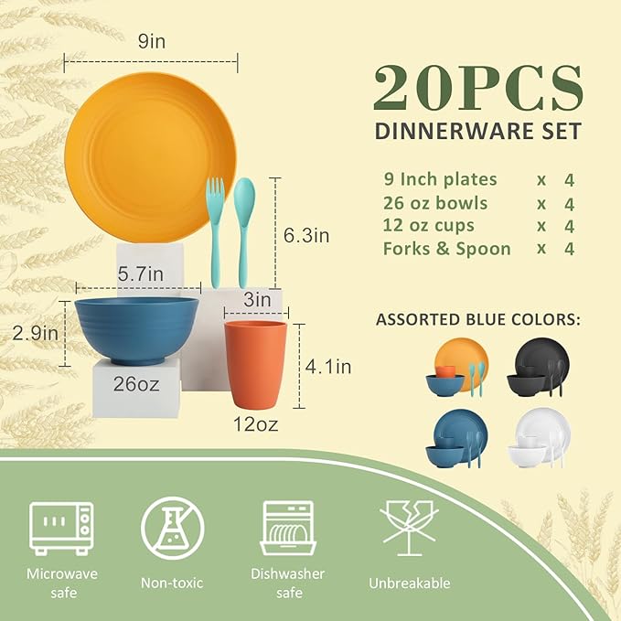 Wrova Wheat Straw Plates and Bowls Set with Flatware,20-piece Unbreakable Kids Plates and Bowls sets,Dishwasher Safe Wheat Straw Dinnerware Sets for Kitchen,Camping,Apartment and Dorm.Vibrant Series