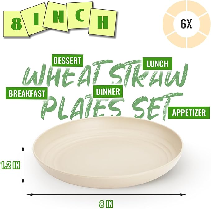 Wheat Straw Salad Plates 8 Inch Set of 6, Unbreakable & Lightweight Dinner Plates, Plastic Plates Reusable, Microwave and Dishwasher Safe for Kitchen, Camping, Beige