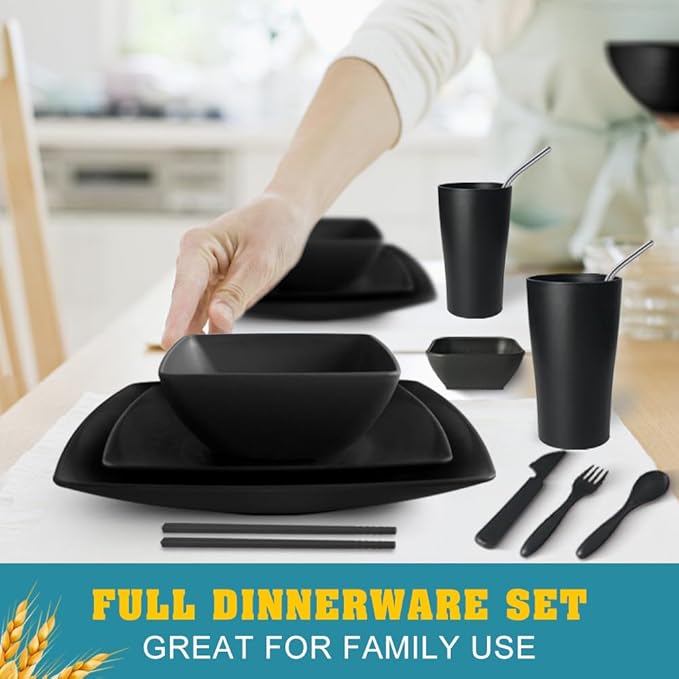 Teivio 88-piece With Flatware Plastic Kitchen Wheat Straw Square Dinnerware Set for 8, Unbreakable Dinner/Salad/Appetizer Plates, Snack Bowls, Dipping Sauce Cups,Tumblers, Dishwasher Safe Dish,Black ﻿