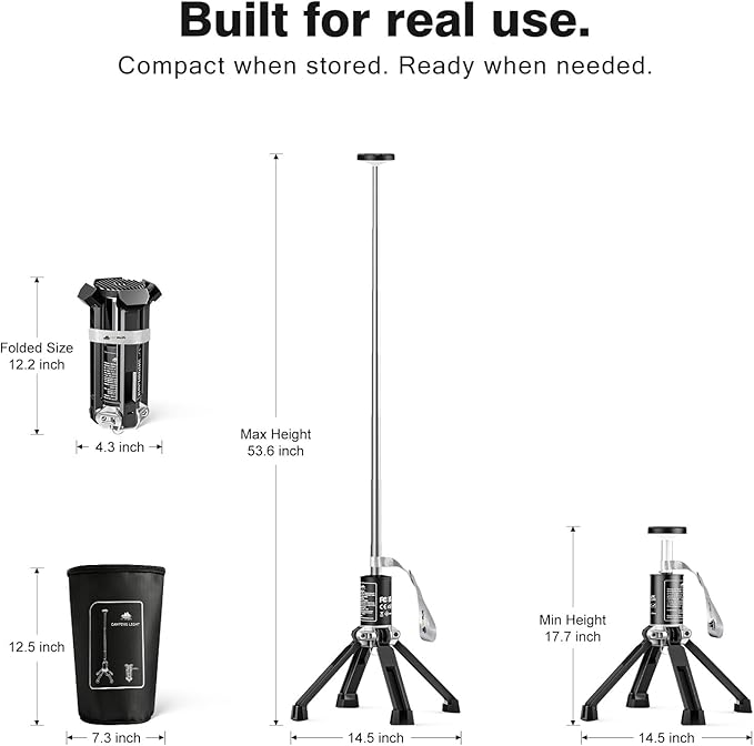 MTRVR Premium Telescopic Camping Lantern – 20000mAh Rechargeable LED Outdoor Light, IP44 Water-Resistant, Aluminum Telescopic Pole & Foldable Tripod – 21H Long-Lasting Emergency, RV & Camping Lighting