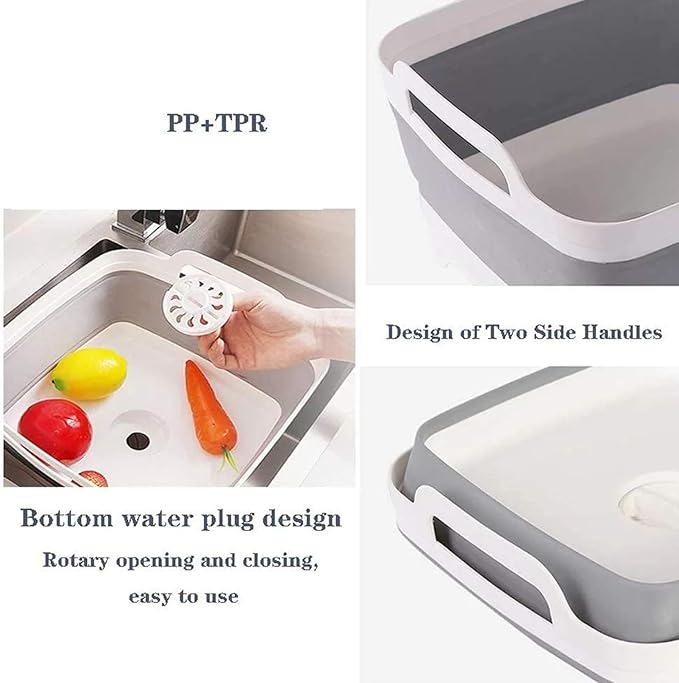 9L (2.4Gal) Dish Basin Collapsible with Drain Plug Carry Handles,Kitchen Storage Tray Dish Wash Basin, Portable Dish Tub, Foldable Dishpan for Camping,RV,Gray