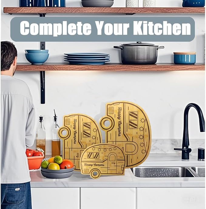 Large Camper Cutting Board, Wood Cutting Board For Kitchen Serving tray and Chopping Board, Unique RV Gifts kitchen Essentials for Women, Bamboo Camping Gifts for Women for Holiday Camping Gift