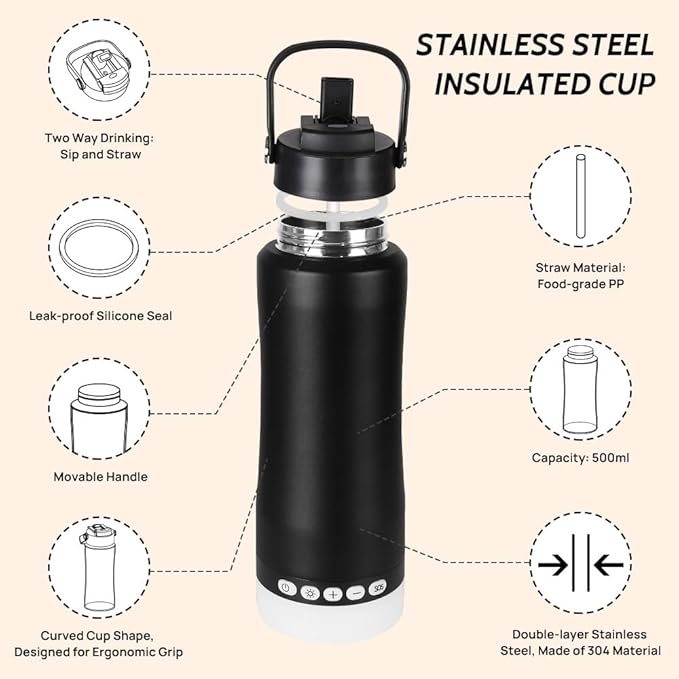 Insulated Water Bottle with Night/Camping Lantern with 5 Modes & Brightness, BPA Free Insulated Tumbler with Handle, Straw and Spout, Camping Tent Light for Outdoor Travel Emergency