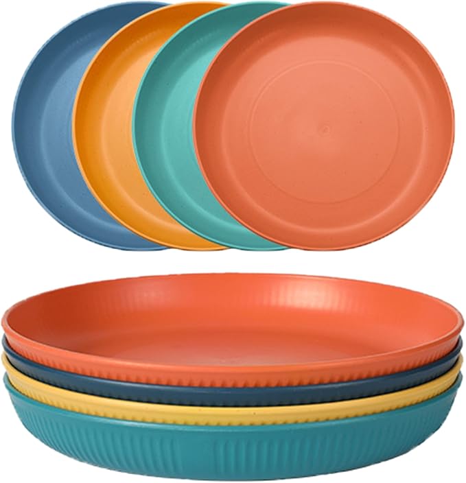 Dinner Plates Set of 4, 8 Inch Plastic Plates Reusable, Wheat Straw Plates, Dishwasher & Microwave Safe, Lightweight Salad Plates for Camping/Kitchen