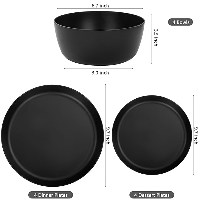 EI 12pcs Wheat Straw Dinnerware Set of 4,Plates and Bowls Sets,Plastic Plate Reuasble Unbreakable,Heavy Duty Plastic Plates for Camping,Picninc,Family Dinner