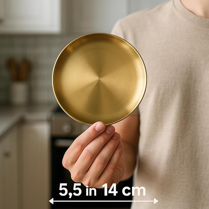 Stainless Steel Gold Plates 2 Set Round Stainless Steel Dinner Dishes Metal Trays 5.5 Inch Great for Picnic,Outdoor Camping Plate,Shatterproof, Dishwasher Safe