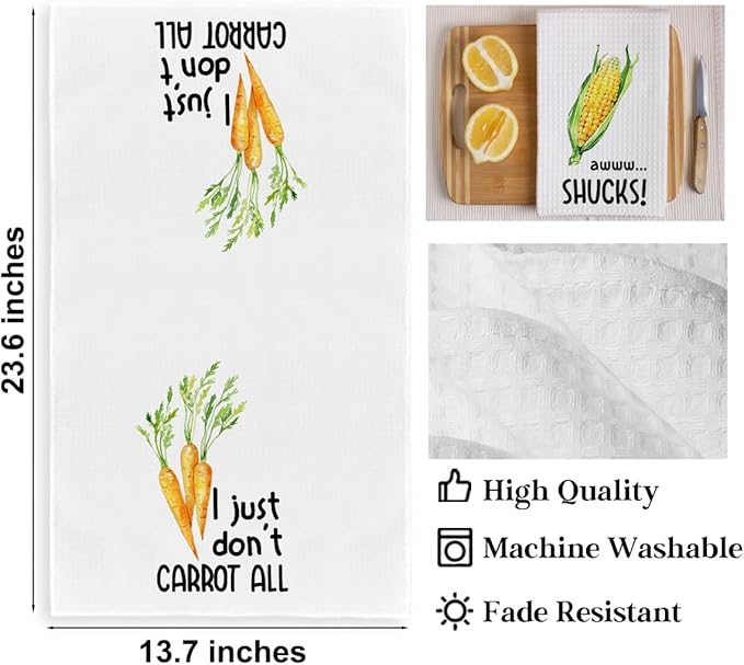 2Pcs Funny Kitchen Towels, Carrot Corn Vegetable Decor, Hostess Gifts, Dish Towel, Housewarming Gift for Her Women, Wedding Shower Gift, Waffle Weave Hand Towels