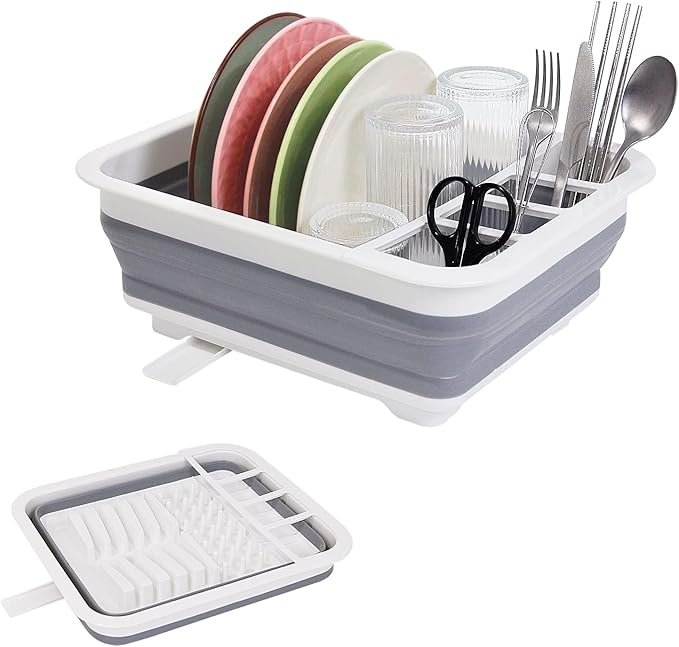 Goderewild Collapsible Dish Drying Rack with Rotating Drain & Plug,Space-Saving Dish Drainers for Kitchen Counter, Portable Dish Rack Over Sink Drying Dinnerware,Travel Trailer RV Camping Essentials