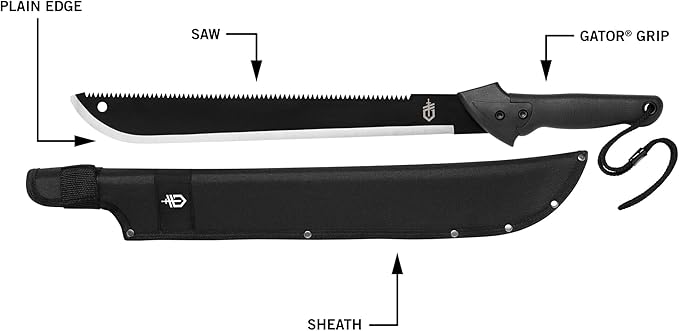 Gerber Gear Gator Machete 25" / 18" with Saw and Plain Edge Blade for Camping, Hunting, Gardening and Bushcraft, Includes a Gator Grip and Protective Sheath, Stainless Steel Blade