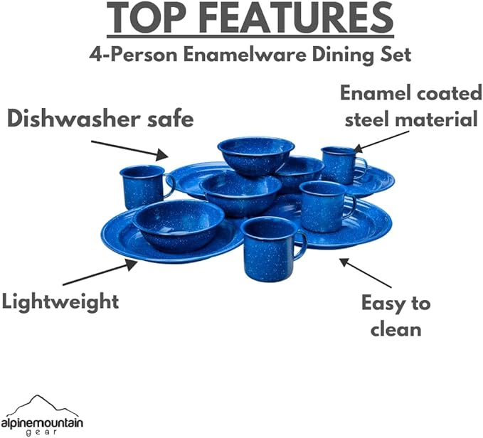 4-Person Enamelware Dining Set for Camping and Backpacking - Camping Gear Essentials for Camping and Backpacking by Caddis Sports