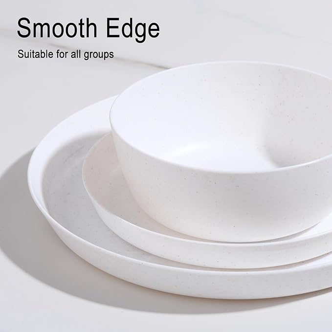 EI 12pcs White Wheat Straw Plates,Wheat Straw Dinnerware Set,Plates and Bowls Sets,Unbreakable Plastic Plate,Plastic Plates Reusable,Dinner Plates Set of 4,Plastic Dishes Set