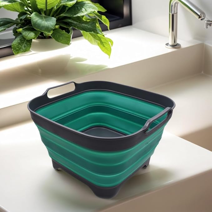SAMMART 10L (2.64 Gallon) Collapsible Dishpan with Draining Plug - Foldable Washing Basin - Portable Dish Washing Tub - Space Saving Kitchen Storage Tray (1, Grey/Turquoise Blue)