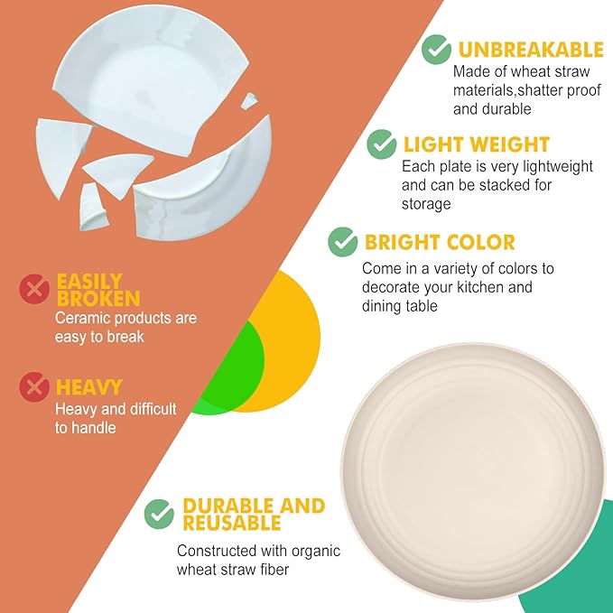 Homienly Wheat Straw Dinner Plates Set of 8, Unbreakable, Dishwasher & Microwave Safe, Modern Style, 9 inch, Beige