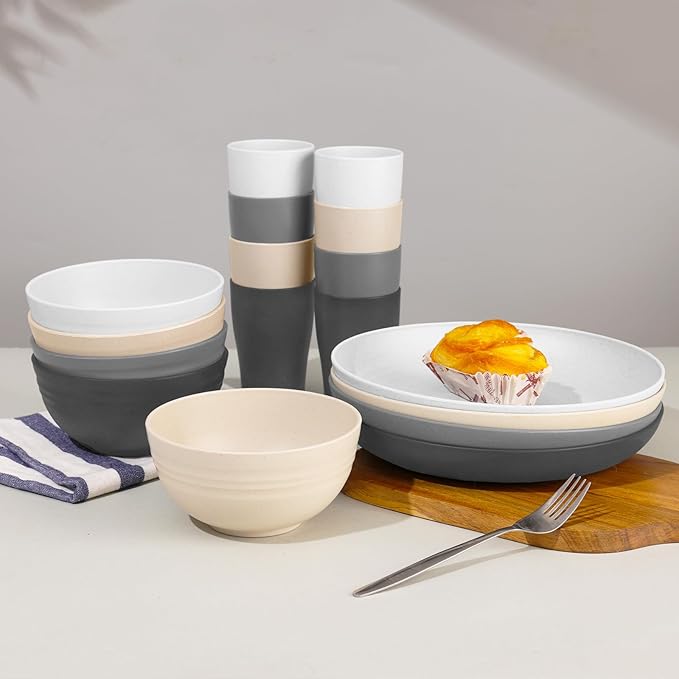 Wheat Straw Dinnerware Sets for 8, 32Pcs Lightweight Unbreakable Plates and Bowls Sets for Elderly Kids, Dishwasher Microwave Safe Plastic Dinnerware set, Plastic Dishes Set for Camping Rv