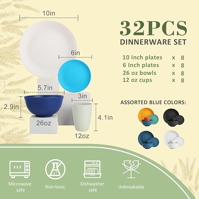 Wrova Wheat Straw Dinnerware Set of 32,Unbreakable Dinner Plates and Bowls Dishes Sets Service for 8,Dishwasher Safe Dinnerware Sets for Kitchen and Camping.Island Series