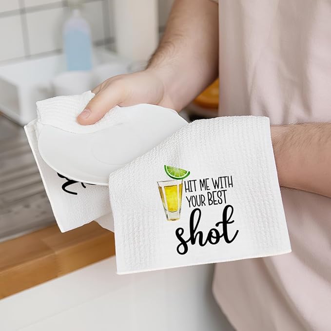 2Pcs Funny Wine Kitchen Towels 24x14 Inch, Gin Shot Alcohol Decor Waffle Weave Hand Towels for Kitchen Bar, White Absorbent Microfiber Dish Cloth Tea Towel, Housewarming Gifts for Women Hostess