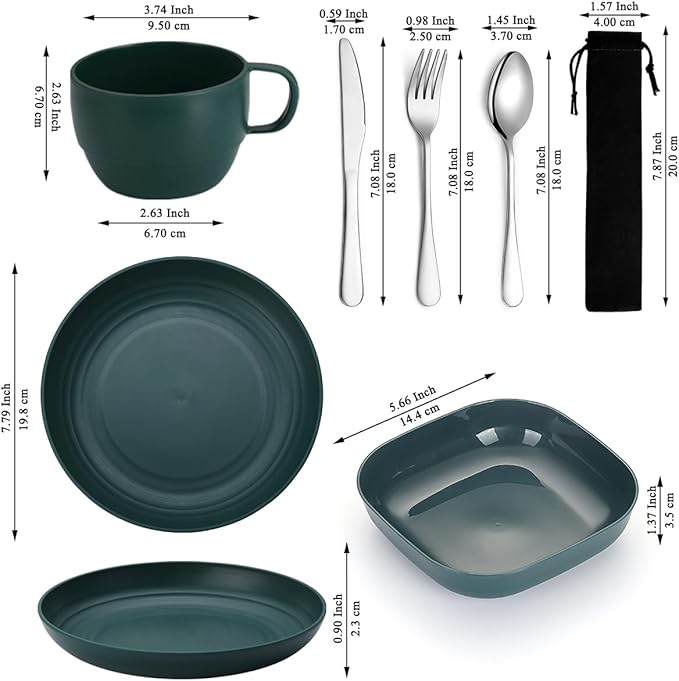 Camping Utensils Set, ReaNea Camping Plates and Bowls Set with Coffee Mug, Travel Cutlery Set Include Spoon, Fork, Knife for Home, Poolside, Outdoor, Picnic, Camp