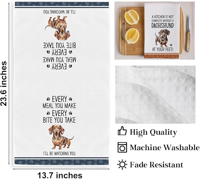 2Pcs Funny Dogs Kitchen Towels 24x14 Inch, Cute Dachshund Waffle Weave Dish Towels for Kitchen Home, White Absorbent Microfiber Hand Tea Towel, Weiner Dog Gifts for Women Dog Lovers 2