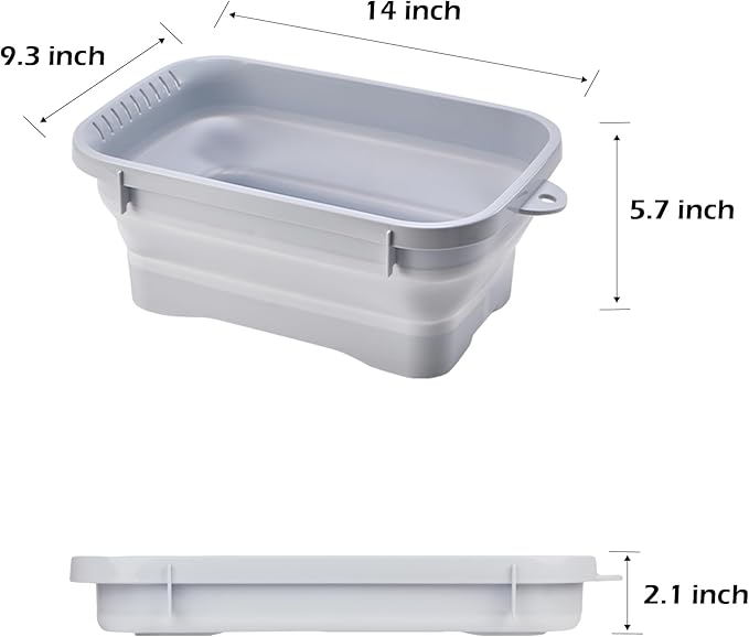 Collapsible Dish Pans, 2Gal (7.5L) Capacity, Plastic Dish Tub Dishpan for Kitchen Sink with Drainage Hole, Foldable Small Wash Basin for Kitchen, Camping, Travel (Light Blue)