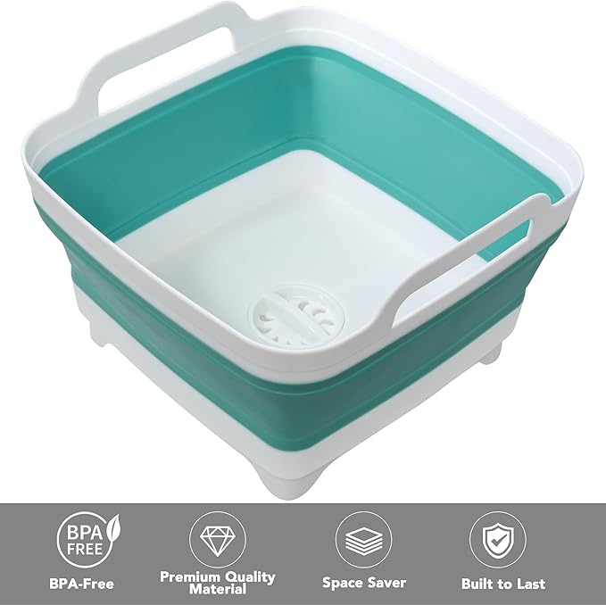 Dishpan for Washing Dishes, 2.4Gal/9L Wash Basin with Draining Plug Carry Handles, Collapsible Bucket for Cleaning, Portable Sink, Foldable Plastic Tub