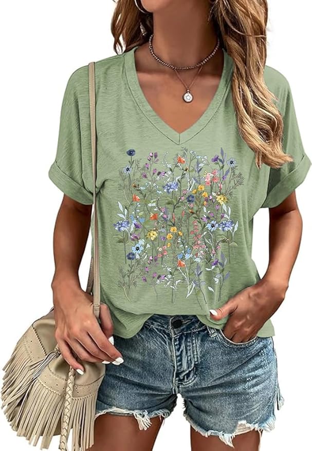 Graphic V Neck Shirt for Women Boho Floral Wildflowers Tee Casual Cottagecore Summer T-Shirt Blouse