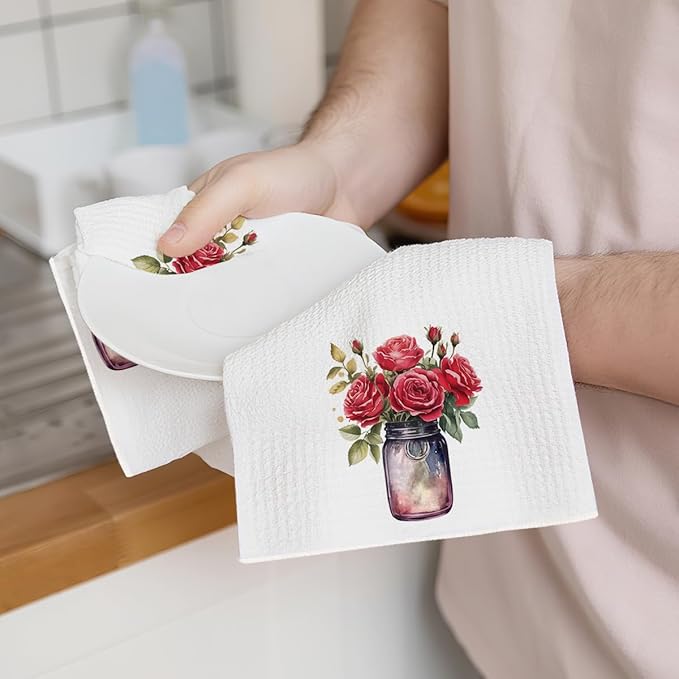 2PCS Watercolor Rose Kitchen Towels, Flower Vase Glass Waffle Weave Dish Tea Hand Towels for Home, Dinner Party, Wedding Gift, Home Decor, Housewarming Farmhouse Gifts for Women Friend