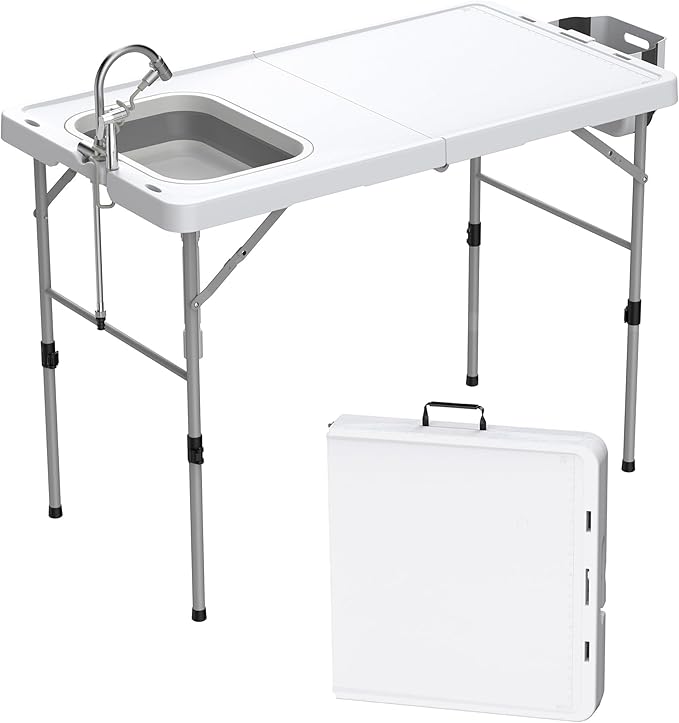 Allpop Fold-in-Half Fish Cleaning Table with Sink, 50'' Portable Folding Camping Fish Station with Drainage Hose, Faucet, Sprayer, Storage Box, Grooves & Carrying Bag for Picnic, White