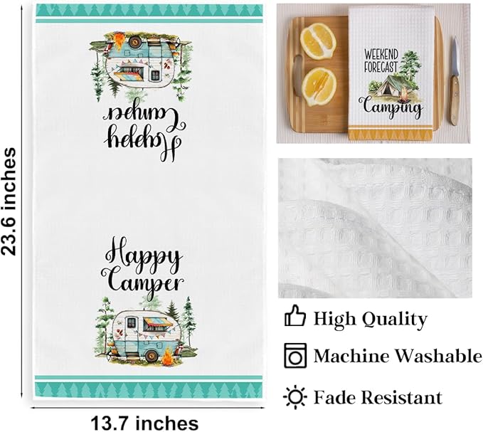 2Pcs Camping Kitchen Towels 24x14 Inch, Bonfire Forest Tent Rv Decor Waffle Weave Hand Towels for Kitchen, White Absorbent Microfiber Dish Cloth Tea Towel, Novelty Camping Gifts for Women Campers