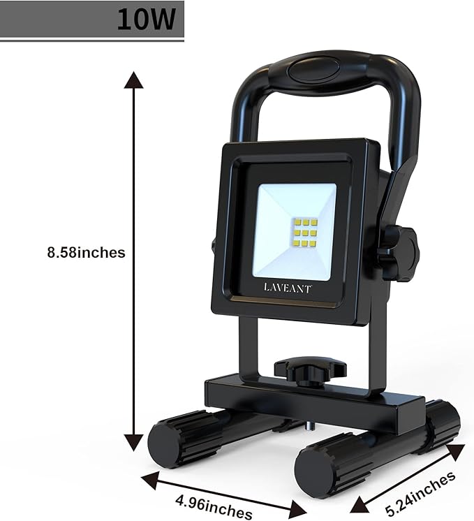 Rechargeable LED Work Lights,10W 2200mAh,600Lumens Portable Tiltable Waterproof Flood Lights with Stand, Men Tools for Outdoor Garage Emergency(10W Black)