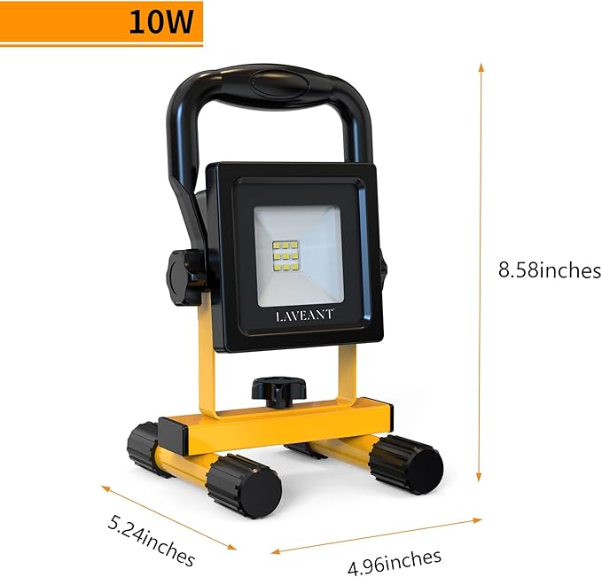 Rechargeable LED Work Lights,10W 2200mAh,600Lumens Portable Tiltable Waterproof Flood Lights with Stand, Men Tools for Outdoor Garage Emergency(10W Yellow)