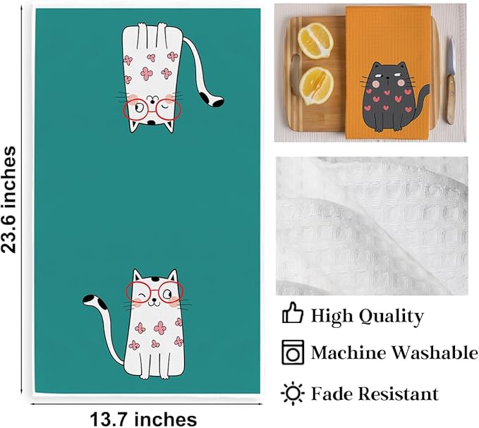 2PCS Cute Cat Kitchen Towels, Cat Themed Gifts Reusable Absorbent Waffle Weave Dish Tea Towels for Cleaning Cooking Baking, Cats Lovers Gifts for Women Microfiber Kitchen Towel, Housewarming Gift