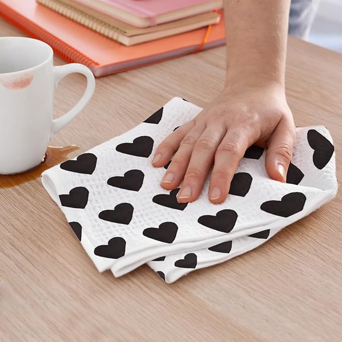 2PCS Cute Heart Love Home Sweet Home Valentine's Kitchen Towels, Valentines Day Decor for Couples, Reusable Absorbent Waffle Weave Dish Tea Towels for Cleaning Cooking, Microfiber Kitchen Towel