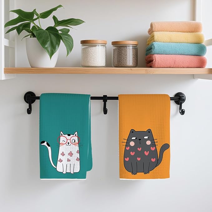 2PCS Cute Cat Kitchen Towels, Cat Themed Gifts Reusable Absorbent Waffle Weave Dish Tea Towels for Cleaning Cooking Baking, Cats Lovers Gifts for Women Microfiber Kitchen Towel, Housewarming Gift