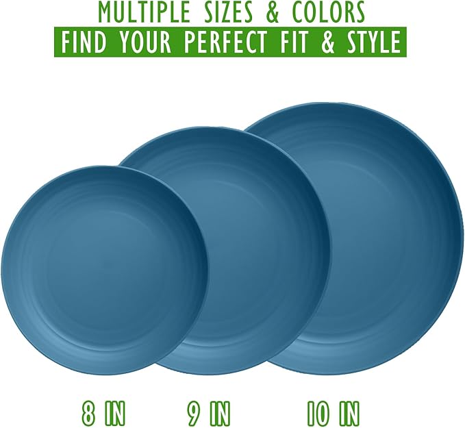 Wheat Straw Plates 6-Piece Set, Unbreakable 9 Inch Deep Dish Plates, Reusable Plastic Plate Set, Microwave & Dishwasher Safe, Camping Plate for Family, Camping, Dark Blue