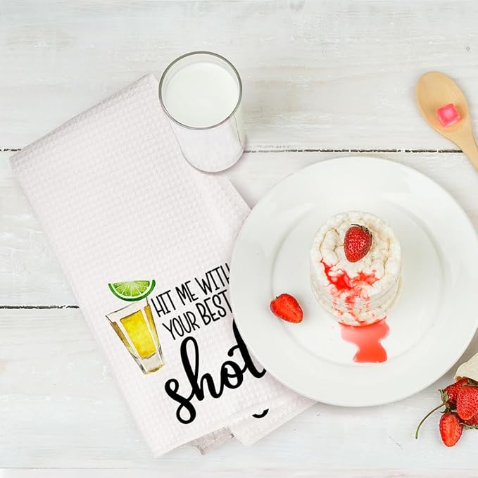2Pcs Funny Wine Kitchen Towels 24x14 Inch, Gin Shot Alcohol Decor Waffle Weave Hand Towels for Kitchen Bar, White Absorbent Microfiber Dish Cloth Tea Towel, Housewarming Gifts for Women Hostess